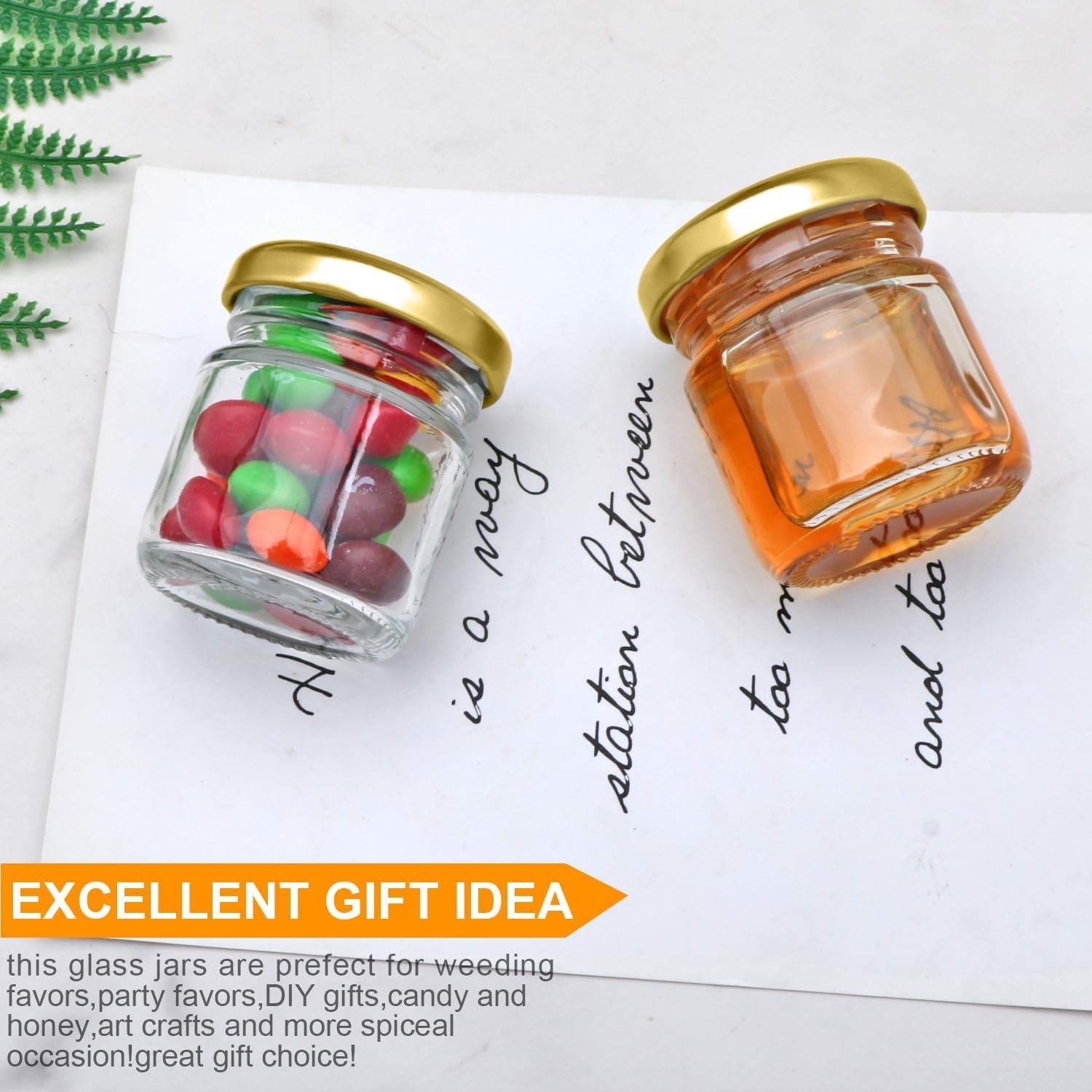 EVATTA Small Glass Jars with lid 50 ml - 108 Pieces Clear | Round Shape | Golden Airtight Metal Lid | mini glass jars | Mini Mas